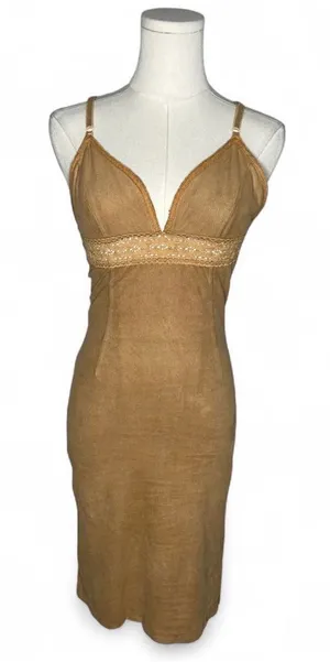 Y2K Vintage Camel Brown Faux Suede V Neck Sheer Lace Trim Bodycon Dress Fairy thumbnail 1