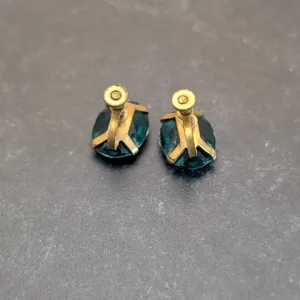 Vintage Screw On Earrings 0.75" Large Dark Green Faceted Oval thumbnail 4