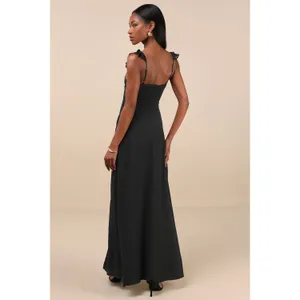 NWT Lulus The Way to Love Black Ruffled Maxi Dress Bridesmaid Gala Banquet Sz L thumbnail 3