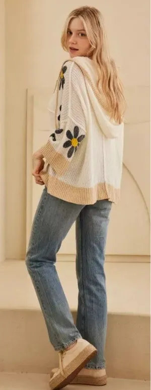 Mello‎ Cream Tan Flower Full Zip Hooded Oversized Super Stretchy Cardigan Size M thumbnail 1