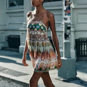 ZARA Geometric Print Straight Neck Strappy Embroidered Short Dress Size‎ Small thumbnail 4