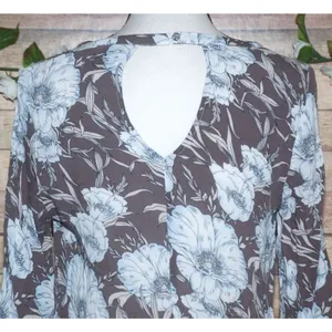 Miss Me Brown Blue Floral Blouse Size S Open Cross Front Keyhole Back 3/4 Sleeve thumbnail 7