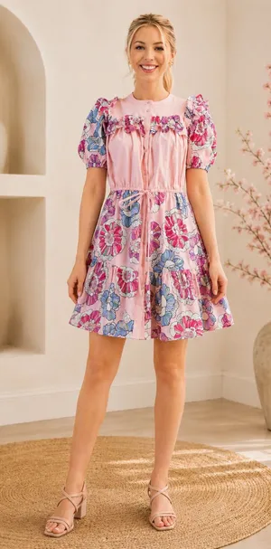 Gigio Pink Floral Ruffle Puff Sleeve Dress Size Large thumbnail 1