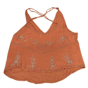 Free People Fall Rust Orange Brown Embroidered V-Neck Spaghetti Strap Cami Top M thumbnail 2