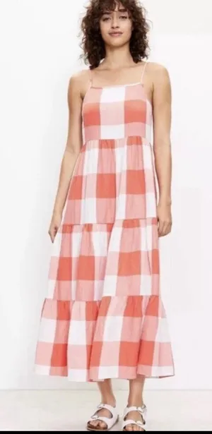 Lou & Grey Coral White Gingham Tiered Maxi Dress thumbnail 1
