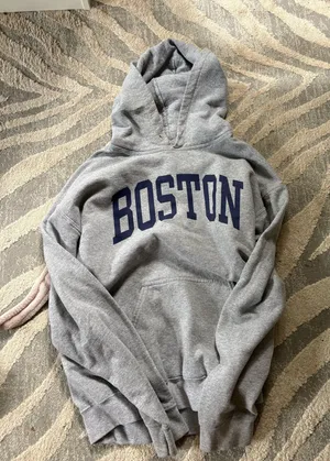 Grey Gildan oversized hoodie with navy Boston lettering thumbnail 1