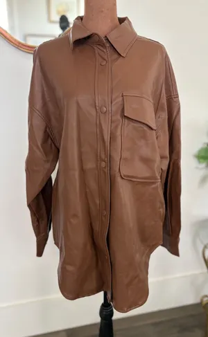 En;semble Faux Leather Shirt Jacket Button Down Oversized Brown‎ Shacket Medium Brown thumbnail 1