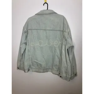 POL Denim Jacket Womens Medium Light Blue Excellent Pearl Love Embellished TWJ19 thumbnail 6