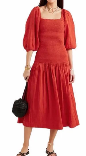 RHODE Harper Smocked Cotton Gauze Midi Dress Size Medium thumbnail 1