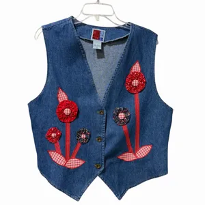 VTG Sun Belt Woman's Denim Vest Button Down Floral Embroidered Flowers Large USA thumbnail 2