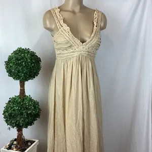 Tan Cotton Crochet Lace Trim Long Sleeveless Maxi Dress M thumbnail 4