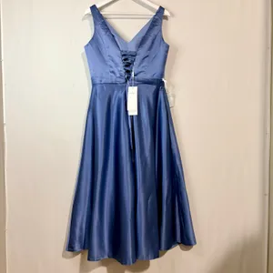 Miss Veil Satin Tea Length Dress Double V Neck Bow Detail Pockets NWT Blue Small thumbnail 9