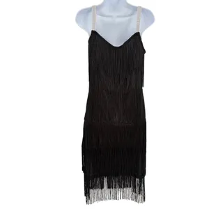 Black Flapper Fringe Dress Sz S Silver straps Party Gatsby Roaring 20s Tiered thumbnail 6