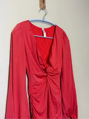 Lucy in The Sky Orange Coral Twist Front‎ Ruched V Neck Long Sleeve Mini Dress thumbnail 2
