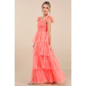 Lulus Tulle For Love Coral Pink Mesh Tulle Tiered Ruffled Maxi Dress Medium NWT thumbnail 3