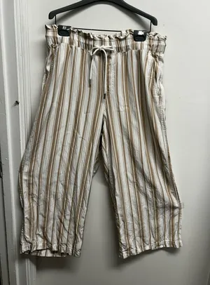 LOFT Cream and Tan Striped Cropped Drawstring Pants thumbnail 1