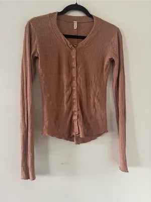 Intimately FP Brown Waffle Knit Button Front Top Small Henley Cardigan Rustic thumbnail 1