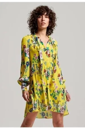 NWOT Superdry Wonens Long Sleeves Ruffled Floral Mini Dress Yellow Size 12 thumbnail 3