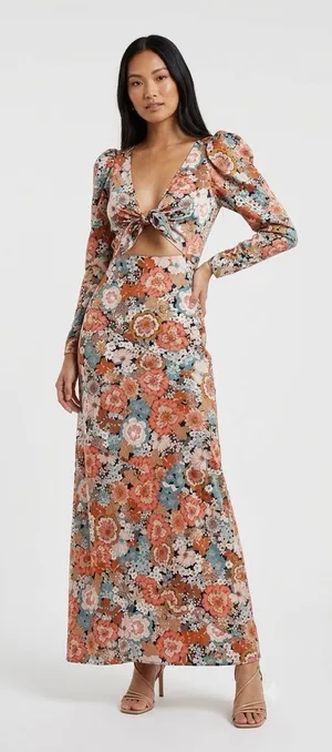 For Love & Lemons Long-Sleeve Floral Tie-Front Maxi Dress Size XS thumbnail 1