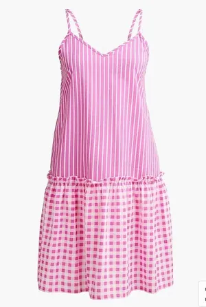 NWT J. Crew Bright Pink Gingham and Stripes Cover Up Summer Dress - Size Small thumbnail 3