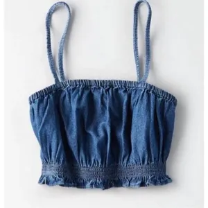NWT Womens American Eagle Outfitters Blue Denim Chambray Ruffle Crop Top - Sz M thumbnail 2