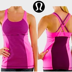 Lululemon Energy Striped Crossback Tank Top Raspberry Glo Built in Bra Size 4 thumbnail 2