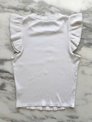 Alya White Ribbed Ruffle Flutter Sleeve Top • Sz M thumbnail 2