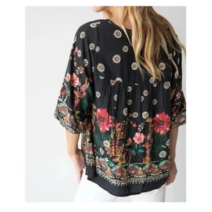 Natural Life Top Womens XL Maribel Mushroom Print Hippie Boho Black Floral Tunic thumbnail 2