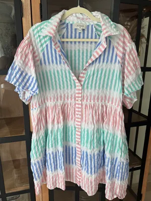 AURA Striped pastel babydoll shirt dress mini button down pockets collar short thumbnail 1