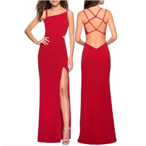 La Femme Gown Size 4 Red Asymmetrical Neck Strappy Back High Slit Evening Formal thumbnail 2
