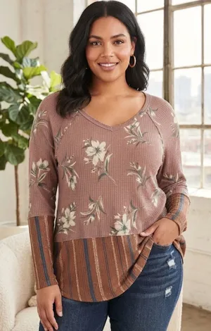 ODDY Mauve Floral & Stripe V‑Neck Long Sleeve Top thumbnail 1