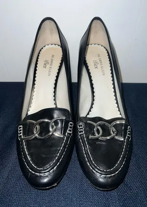 Anne Klein Black Leather Loafers with Silver Chain Accent 9 1/2M thumbnail 1