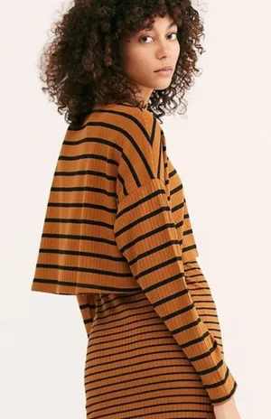Free People Beach Zinnia Cropped‎ Brown Black Stripe Long Sleeve Top Size XS thumbnail 1