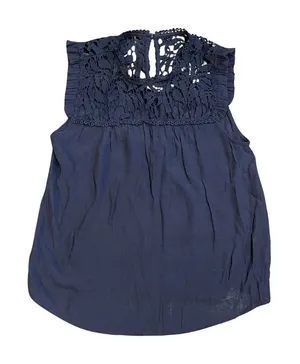 MINE Sleeveless Navy Blue Lace Crochet Bodice Blouse SZ M Casual Bohemian thumbnail 1
