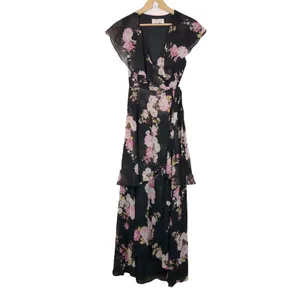 WAYF Palermo Wrap Dress Womens L Black Floral Chiffon High Low Maxi Romantic thumbnail 3