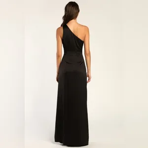 LULU’S Dreaming Of Elegance Black Satin One-Shoulder Maxi Dress thumbnail 6