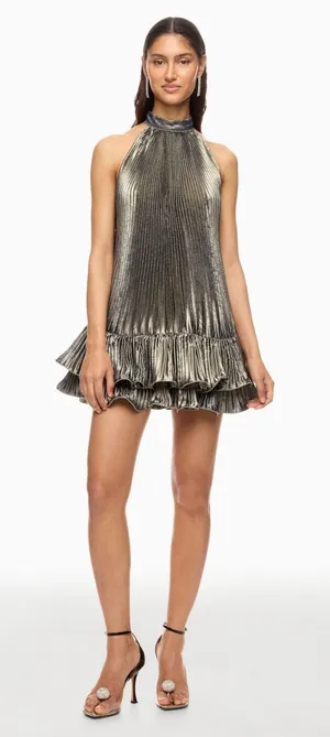 L'IDEE WOMAN soleil Mini Dress Gold Metallic Pleated Halter Ruffle thumbnail 1