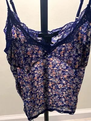Makeup Forever Navy Floral Satin Lace-Trim Chemise thumbnail 1