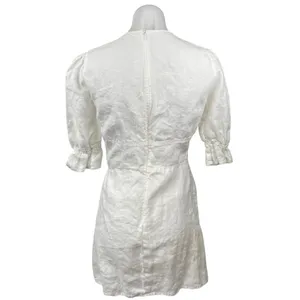 Reformation Simi 100% Linen Womens White V-neck Short Puff Sleeeve Mini Dress 4 thumbnail 3