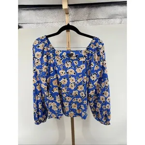 Ann Taylor Floral Square Neck Puff Sleeve Top Womens S Blue Tan Office Bohemian thumbnail 5
