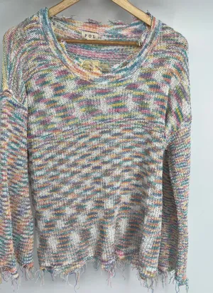 POL Rainbow Stripe Distressed Knit Sweater‎ Womens Small Lightweight Boho Fringe thumbnail 1