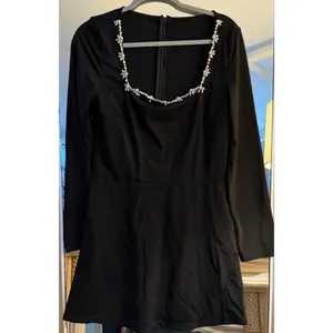 NEW Square Neck Bodice Beaded Pearl Diamond Long Sleeve Side Slit Mini Dress L thumbnail 4