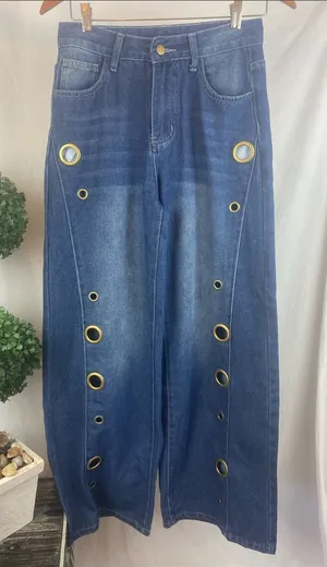 Barrel Wide Hem Rivet Trim High Rise Blue Jeans S thumbnail 1