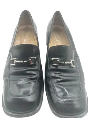 Gucci Size 9.5 Leather Block Heel Loafers Metal Buckle Details Black thumbnail 10