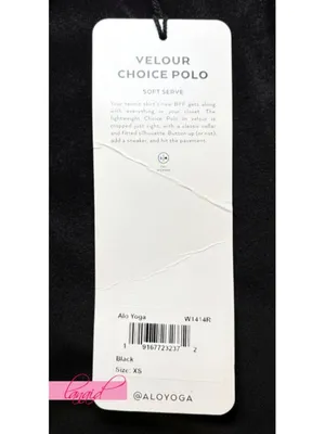 Alo Velour Choice Polo Black Velvet Fuzzy Cropped Short Sleeve Henley Crop Top thumbnail 7