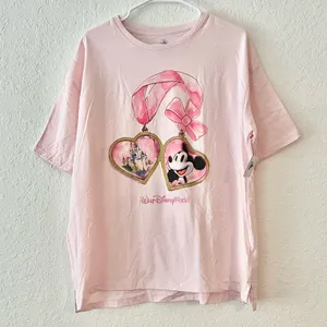 NWT Disney Parks Mickey Mouse Cinderella Castle Heart Locket Bow Pink Shirt M thumbnail 1