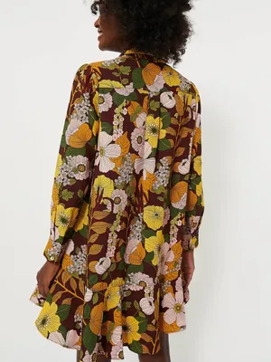 Tuckernuck Retro Floral Crepe Callahan Shirt Dress Brown Yellow Pink XXL 2X thumbnail 2