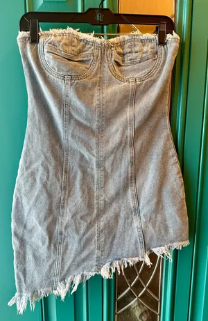 Cider Denim Corset Dress Strapless Asymmetrical Raw Hem Festival Y2K Mini Small thumbnail 3