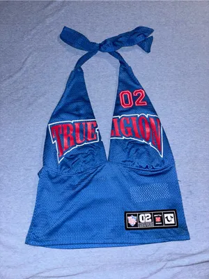 True Religion Blue Halter Crop Top with Red Logo Accents thumbnail 1