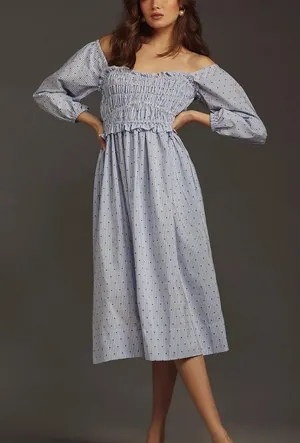 Maeve Smocked Midi Dress Striped Polka Dot Midi Size large thumbnail 1